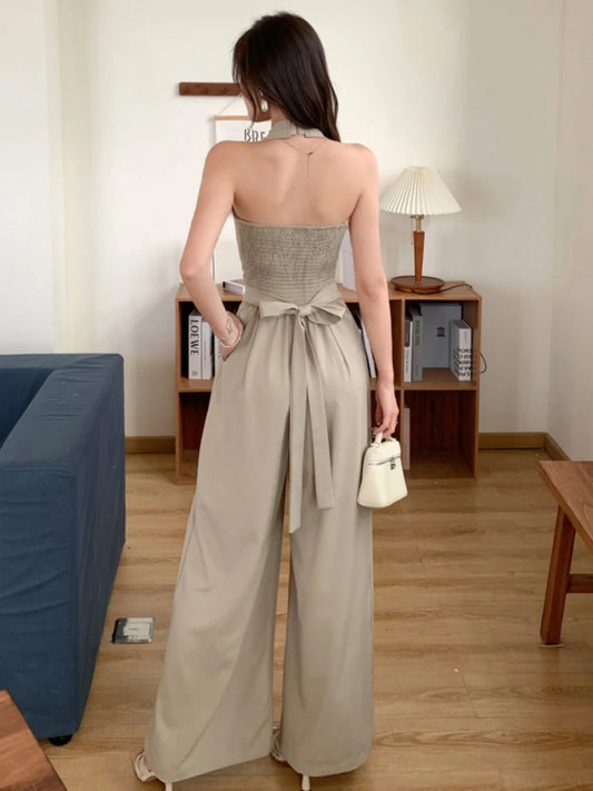 2025 Women Summer Clothes Sexy Halter Backless Folds Jumpsuits Female Wide Leg Loose Rompers Ladies Solid Long Jumpsuit C260.