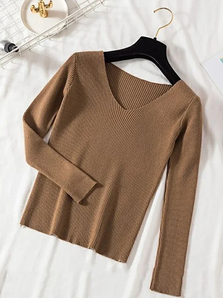 2025 mode V-ausschnitt Elastische Grundlegende Top Neue Frauen Pullover Herbst Winter Langarm Pullover Weibliche Winter Solide Strick Jumper