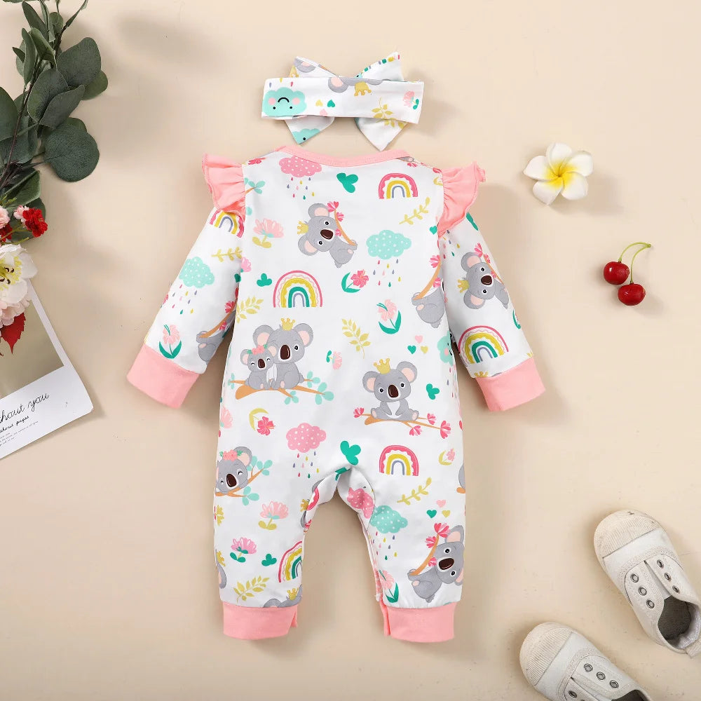 Neugeborenes Baby-Body für Mädchen, süßer kleiner Koala-Body + Stirnband, 2 Stück, passend für 1–12 Monate, Baby-Frühlings- und Herbst-Crawler-Anzug