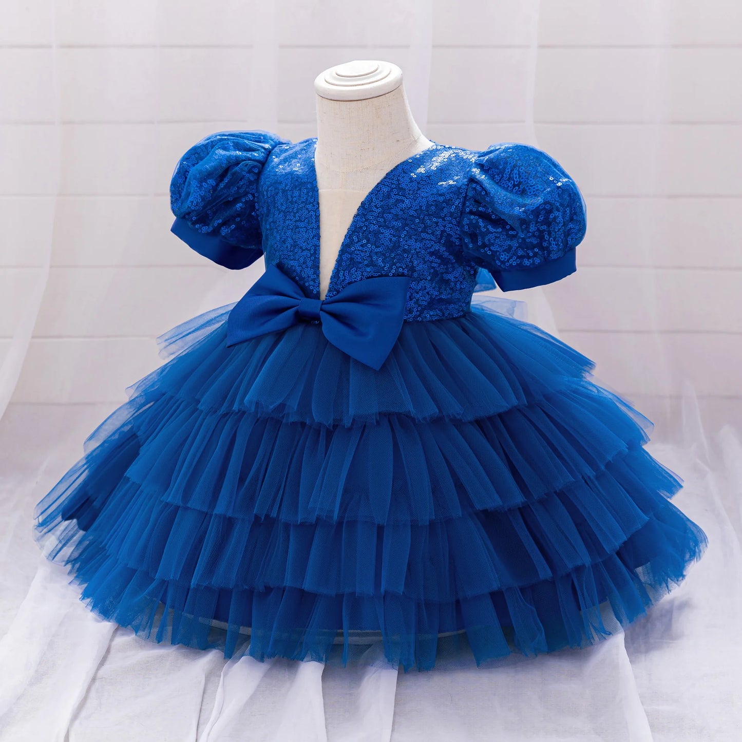 Kinder Abendkleid Pailletten Puffärmel Prinzessin Kleid Mesh Puffed Kleid Geburtstag Party Host Kleid