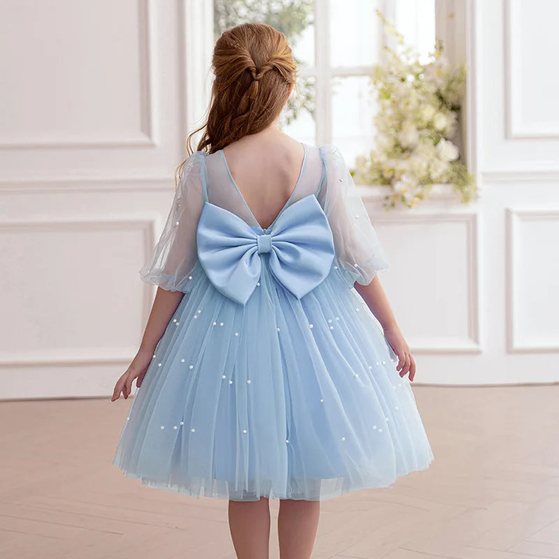 Kinder Kleider V-Rücken Große Schleife Perlen Prinzessin Kleid Geburtstag Party Tüll Kleid Für Mädchen Leistung Hochzeit Prom Flauschigen kleid