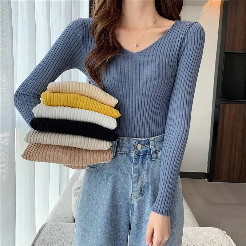 2025 einfarbig Schlank Pullover Koreanische Herbst Winter V-ausschnitt Pullover Mode Lässig Langarm Gestrickte Pullover Frauen Kleidung