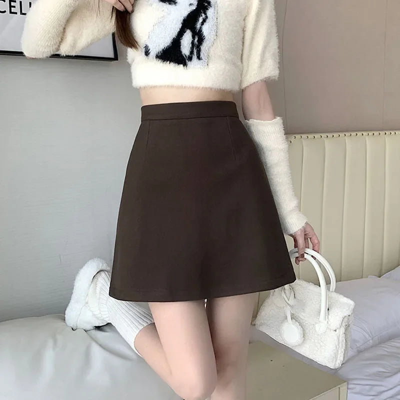 Autumn Winter Womens Woolen Skirt 2024 New Korean Style High Waist Bodycon Mini Skirts Ladies College Style Zipper A-Line Skirt