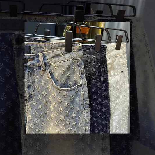 Retro American Casual Vintage Worn Short Jeans Men Straight Loose High Street Five-Point Pants Summer 2025 Distressed Denim.