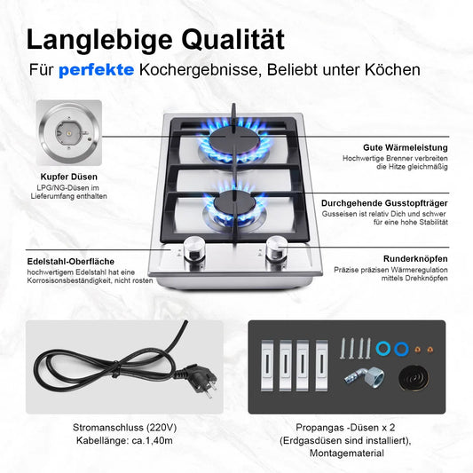 Stainless Steel Gas Hob Automatic Flame Protection 2 Bulbs | Dual Fuel Natural Gas/Propane Built-in/Freestanding 2400W 220-240V.