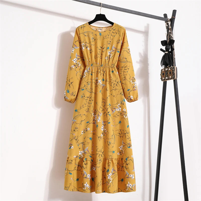 Frühling Sommer Frauen Maxi Kleider Casual Volle Hülse Floral Gedruckt Oansatz Frau Bohe Strand Party Lange Kleid Mujer Vestidos