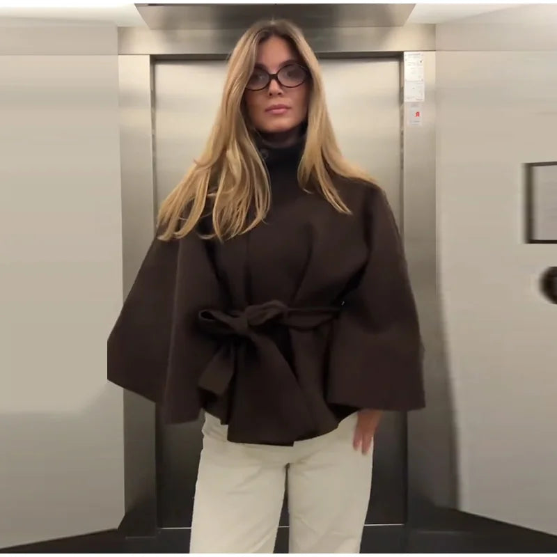 Damenmantel, kurze Cape-Mäntel für Damen, Gürtel, Mäntel aus Kunstwolle und Mischungen, Herbst-Winter, feste Mäntel, elegante Umhangjacke für Damen