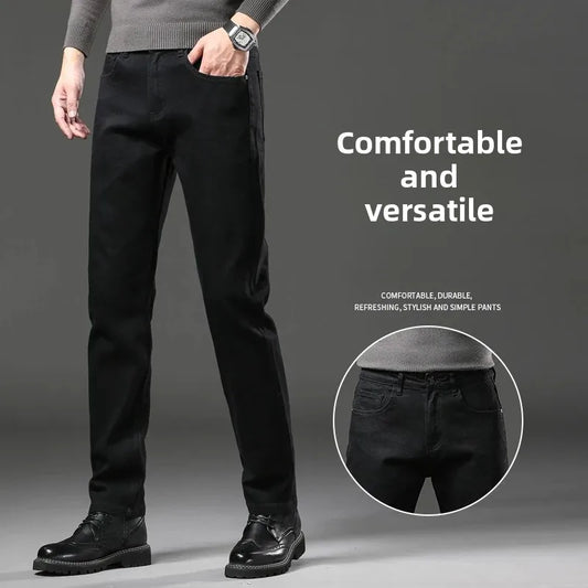 Men's Black Straight Leg Jeans Casual Elastic Business Pants High Waist Slim Fit Long Trousers New 2025 Gray Color.