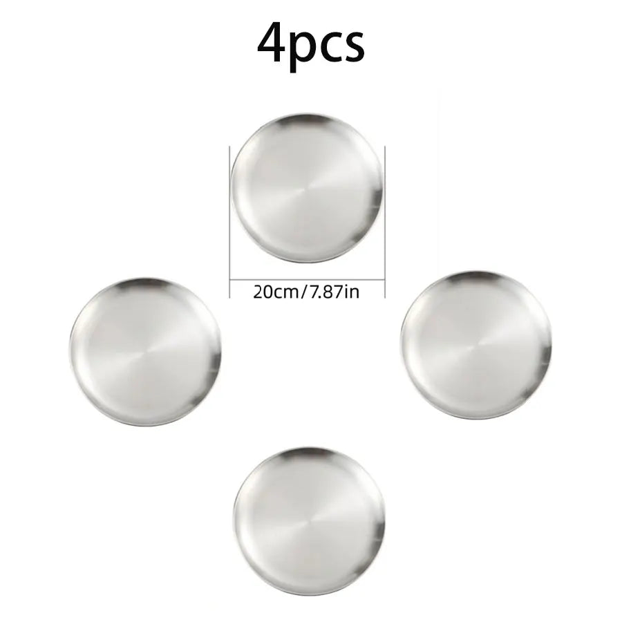 4pcs stainless steel silver plates, Korean style grilled meat plates, household circular trays, bone plates, cake plates.
