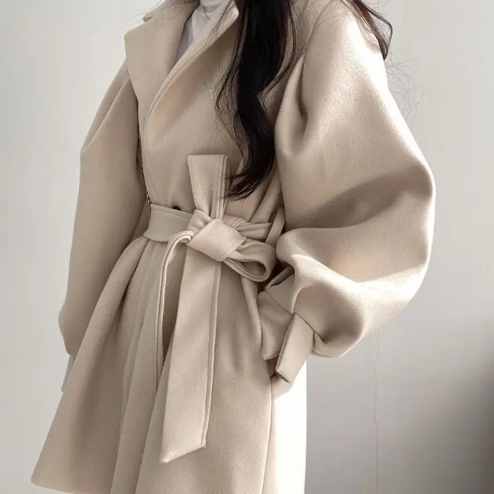 Frauen Solide Wolle Mischung Mantel Slim Fit Gürtel Mäntel Weibliche Warme Baumwolle Dicker V-ausschnitt Büro Dame Elegante Trendy Taste Outwear ins