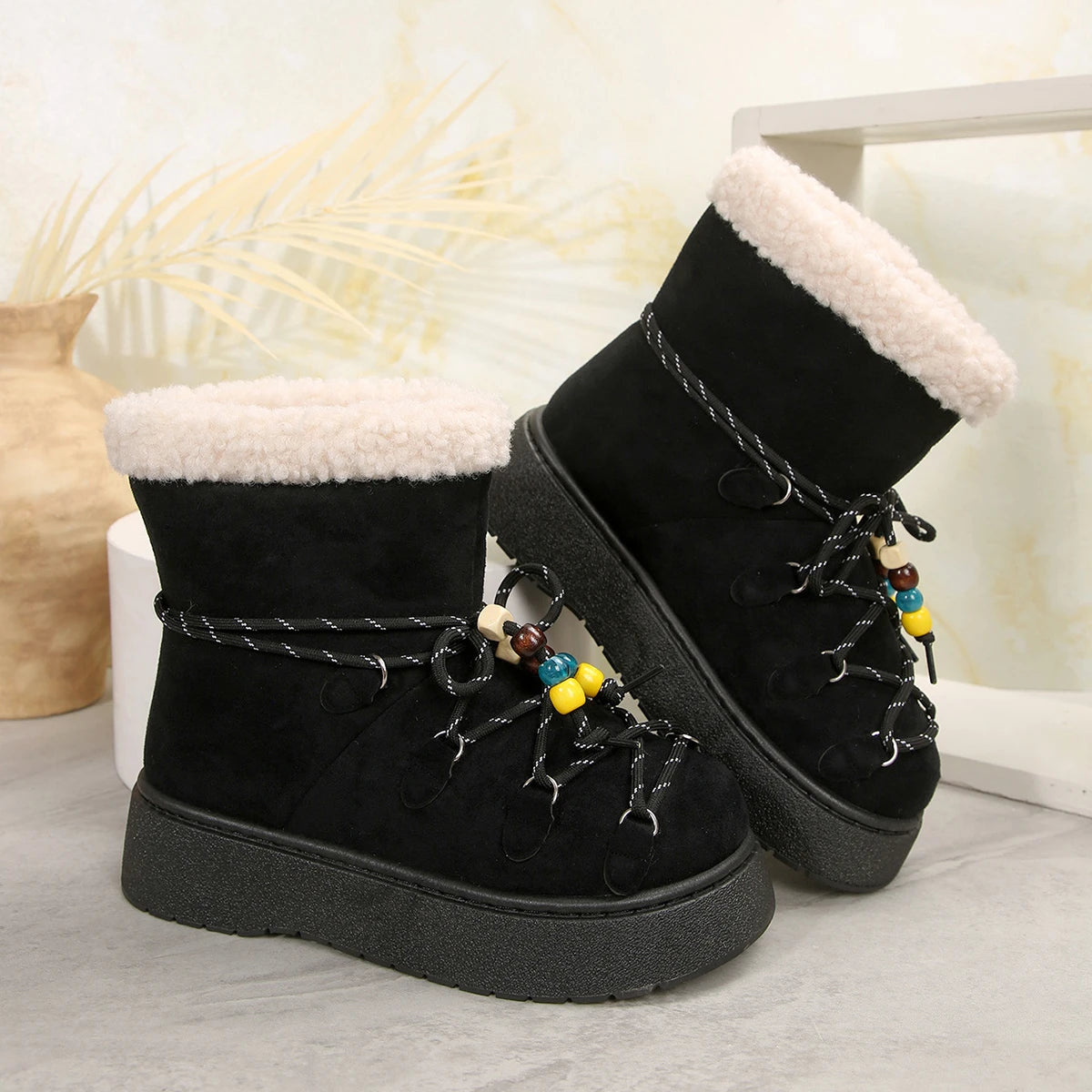 Chunky Platform Non Slip Furry Snow Boots Women 2025 Winter Soft Thick Bottom Warm Plush Ankle Boots Colorful Bead Lace Up Shoes