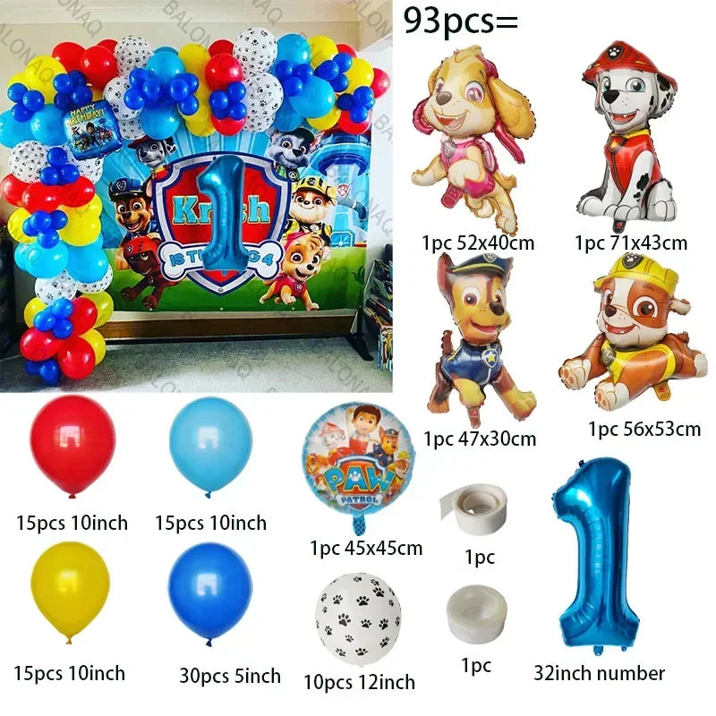 93PCS Dog Theme Party Set Birthday Party Decoration Paw Patrol Skin Dog Paw Balloon Bone Aluminum Film Balloon Decoration