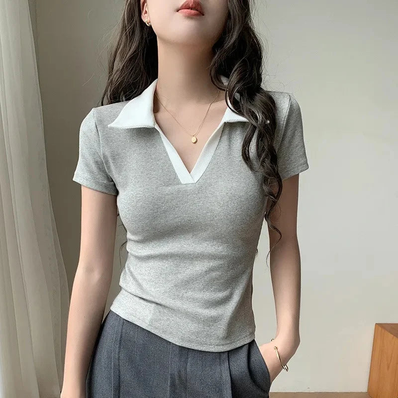 Chic Short Sleeve Polo Neck T-Shirt Women's Summer New Design Sensation Gexuan Fashionable Flip Collar Shoulder Length.
