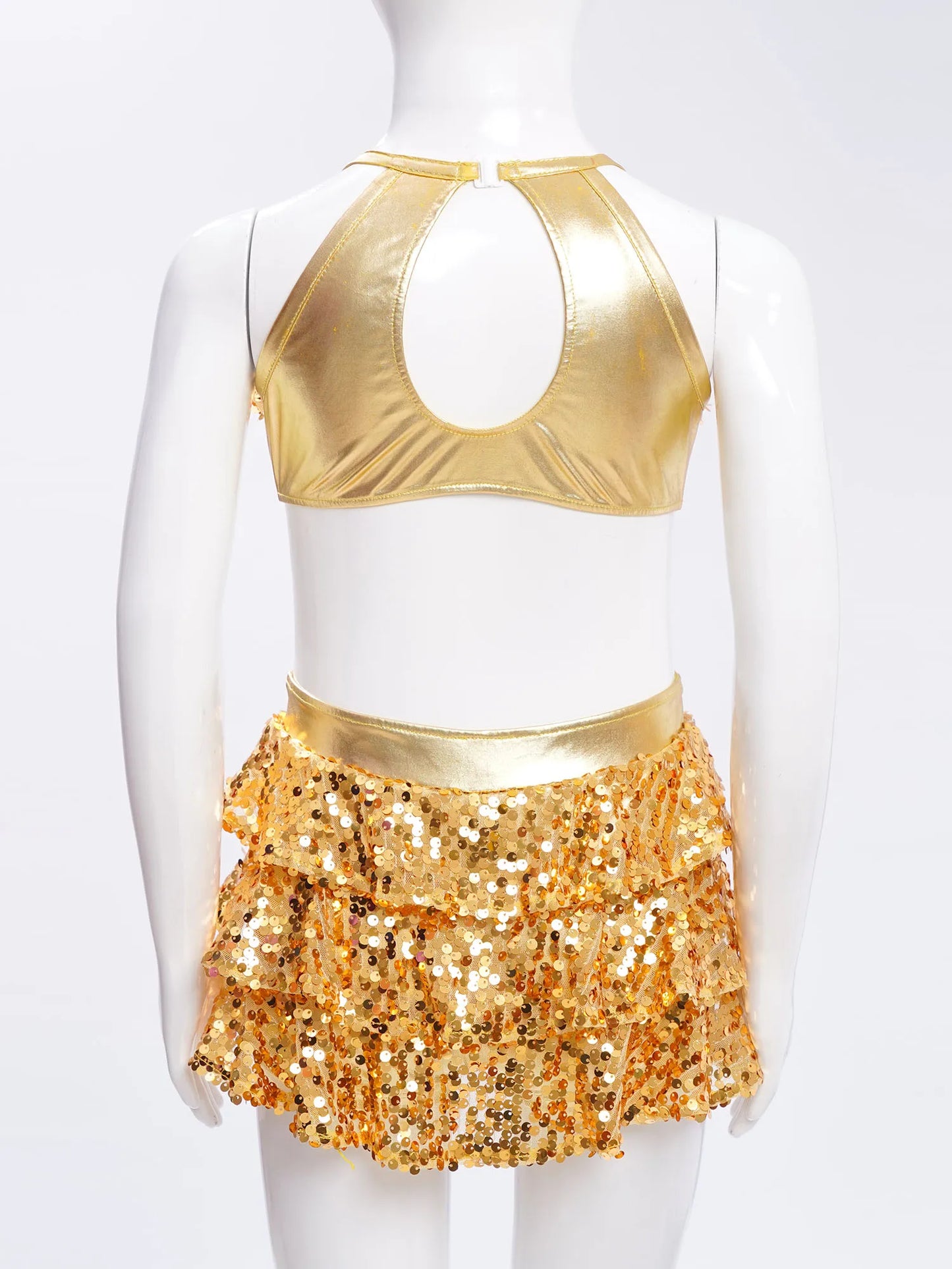 Kinder Mädchen Pailletten Jazz Ballett Tanzkleid Ärmellos Ausschnitt Tiered Rüschen Trikot Salsa Samba Rumba Skating Performance Kostüm