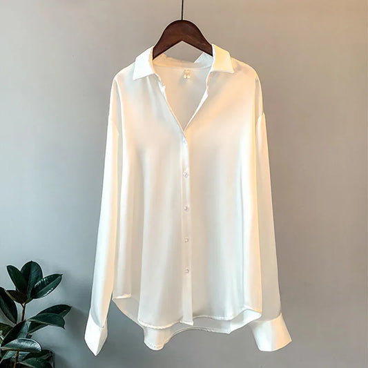 1pcs Woman Spring Autumn Satin Shirt Lady Long Sleeve Lapel Blouses Cardigans Elegance Sweet Casual Coats Girl Sunscreen Top.