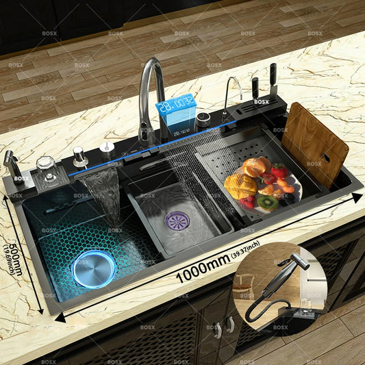 Küchenspüle, Wasserfall-Waschbecken aus Edelstahl, extra großer Einzelschlitz mit Digitalanzeige, Wasserhahn-Set für die Küche