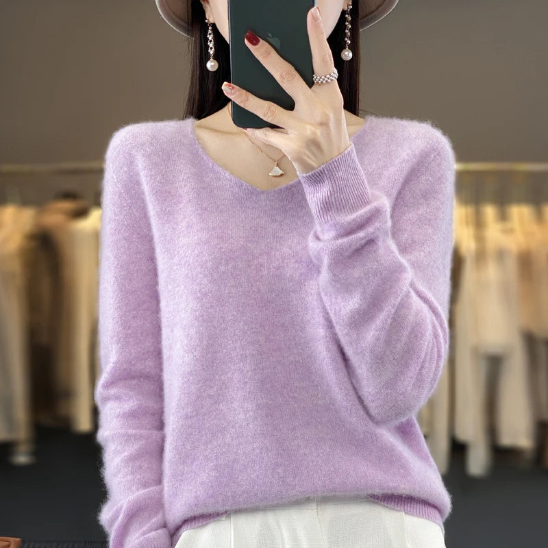 2024 100% Merino Reine Wolle V-ausschnitt Herbst Und Winter Pullover Pullover Neue Kaschmir Pullover frauen Beiläufige Gestrickte Top DMR201
