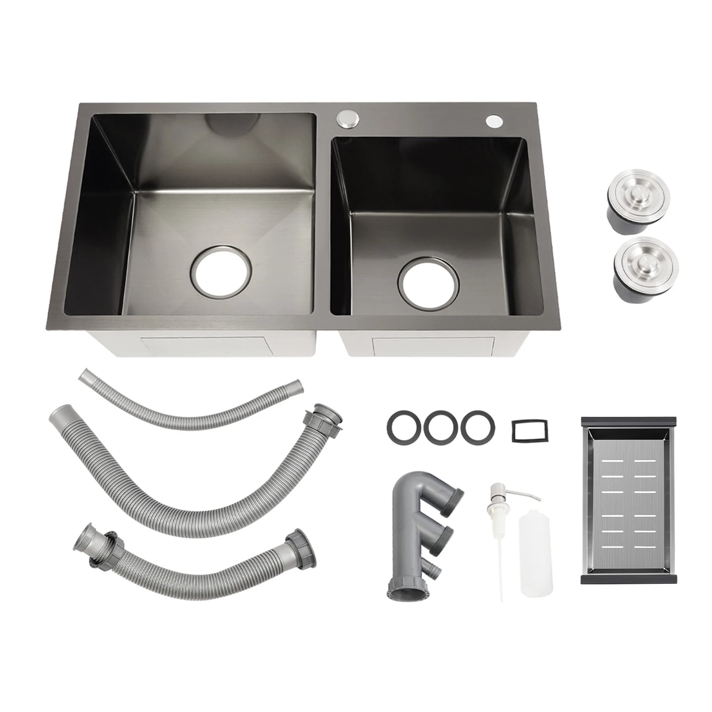 Doppelschüssel-Spüle, Küchenspüle aus Edelstahl, modernes Küchenspülen-Set (Drainpipes + Siebgefäße + Abflusskorb + Seifenspender)