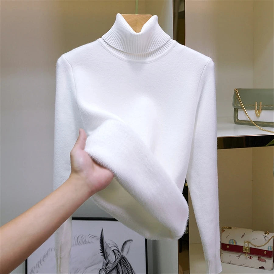 Pullover Für Frauen Winter Verdicken Rollkragen Schlank Stricken Pullover Neue Warme Plüsch Samt Gefüttert Strickwaren Jumper Tops Casual Poleras