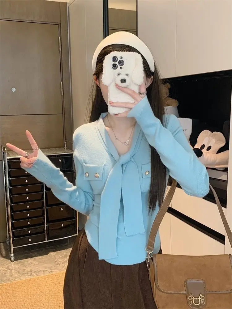 Frauen Frühling Herbst Einfachheit Büro Dame V-ausschnitt Einfarbig Langarm Strickwaren Damen Mode Alle-spiel Temperament Tops