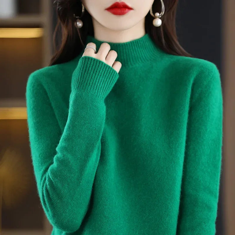 Herbst Winter Frauen Pullover Koreanische Mode Warme Bodenbildung Shirts Halb Hohe Kragen Grundlegende Strickwaren Solide Langarm Pullover