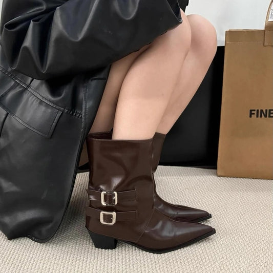 Winter Pointed Toe Thick Heel Women Ankle Boots Elegant Back Belt Buckle Slip On Shoes Street Style Party Short Botas Mujer.