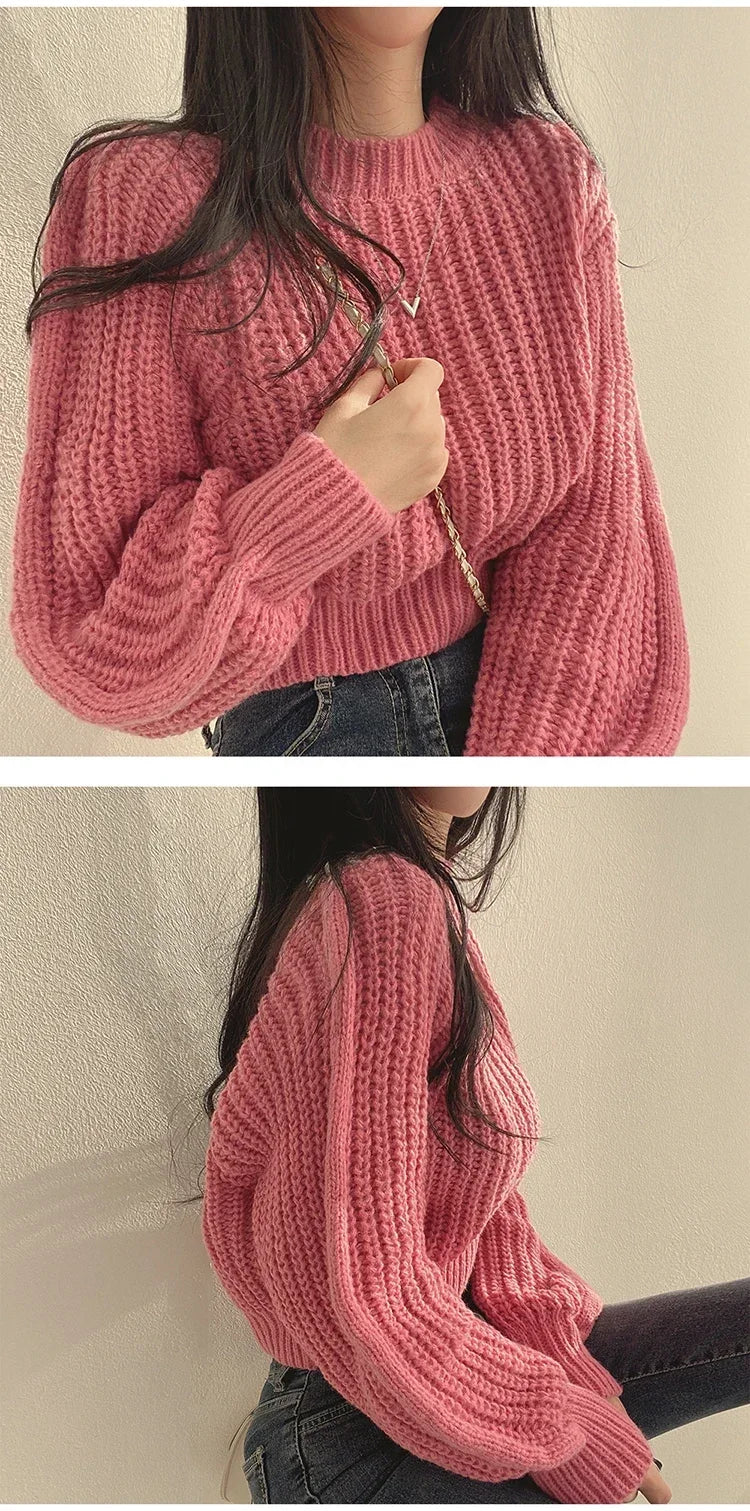 Lose Vintage Harajuku Laterne Langarm Frauen Pullover Koreanische Herbst Winter Strickwaren Weiche Warme Tops Chic Solide Femme Pullover