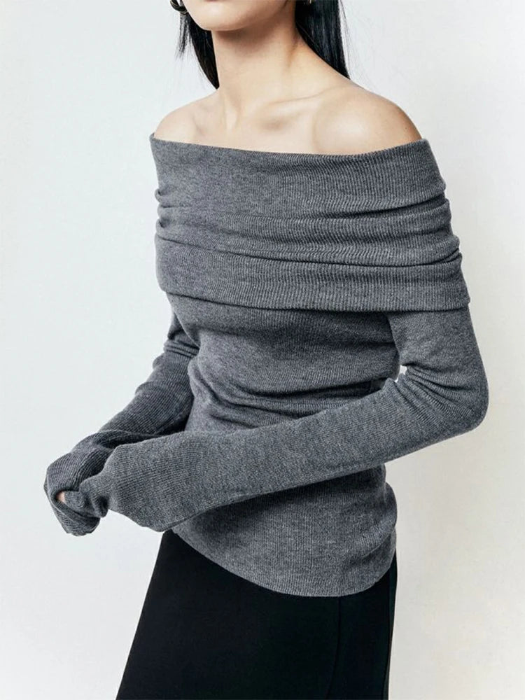 Slash Neck Pullover Frauen Tops Gestrickte Dünne Grundlegende Alle-spiel Sexy Elegante Off Schulter Herbst Winter Langarm Pullover weibliche