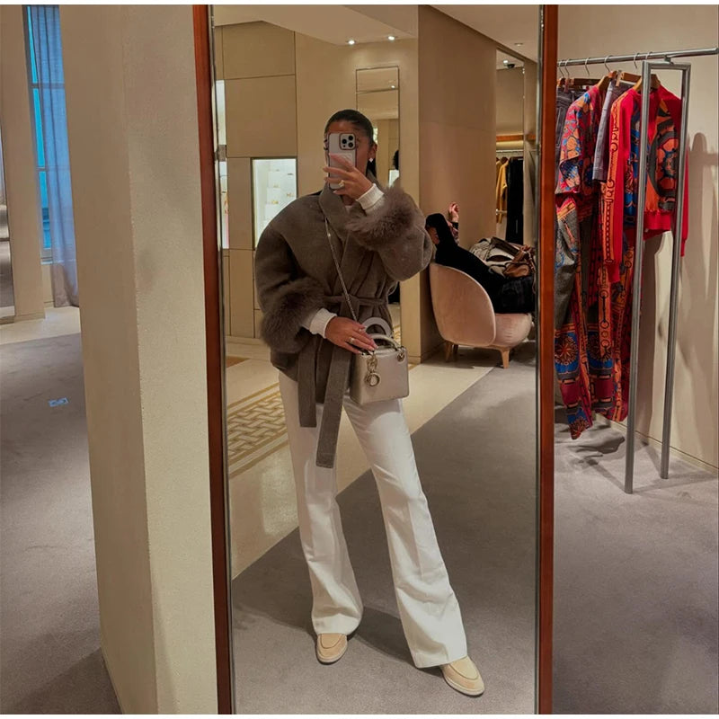 2025 Chic Revers Plüsch Mantel Mit Gürtel Frauen Vintage Feste Faux Pelz Hülse Tweed Offene Mäntel Weibliche Herbst Casual Straße outwear
