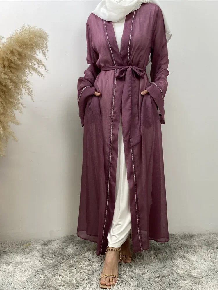 New Eid Ramadan Diamonds Open Kimono Abaya for Women Kaftan Muslim Dress Dubai Turkey Robe Islam Clothing Kebaya Caftan Jalabiya.