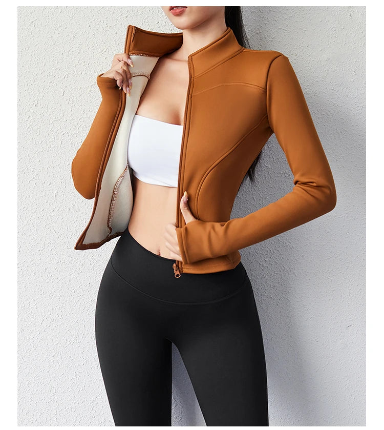 Damen Winter-Fleece-Yoga-Jacke mit durchgehendem Reißverschluss, langen Ärmeln, Workout, Activewear, Sport-Fleece-Yoga-Jacke mit Daumenloch