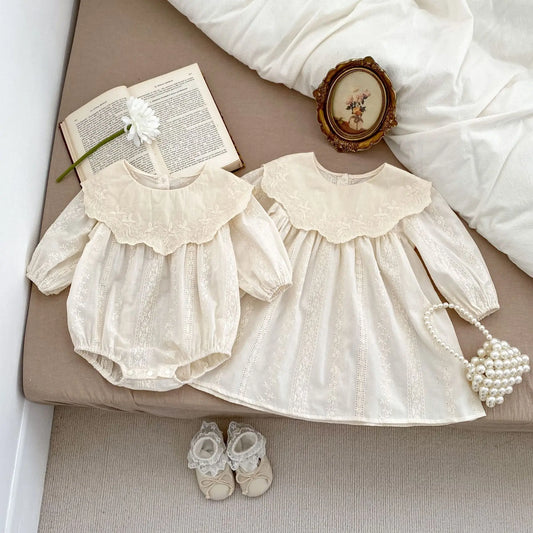 Frühling Baby Body Schwestern Kleid Blume Stickerei Kleid für Kleinkind Mädchen Kleinkind Outfit.
