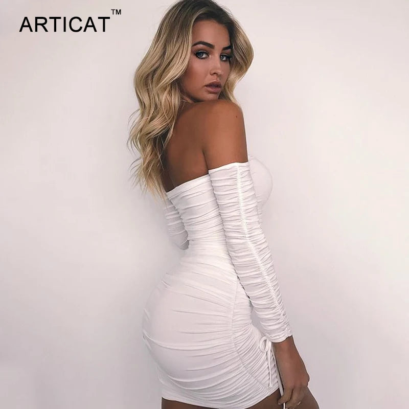 Arctic Cat Frauen Herbst Winter Verband Kleid Frauen 2022 Sexy Off Schulter Lange Hülse Dünne Elastische Bodycon Party Kleider Vestidos