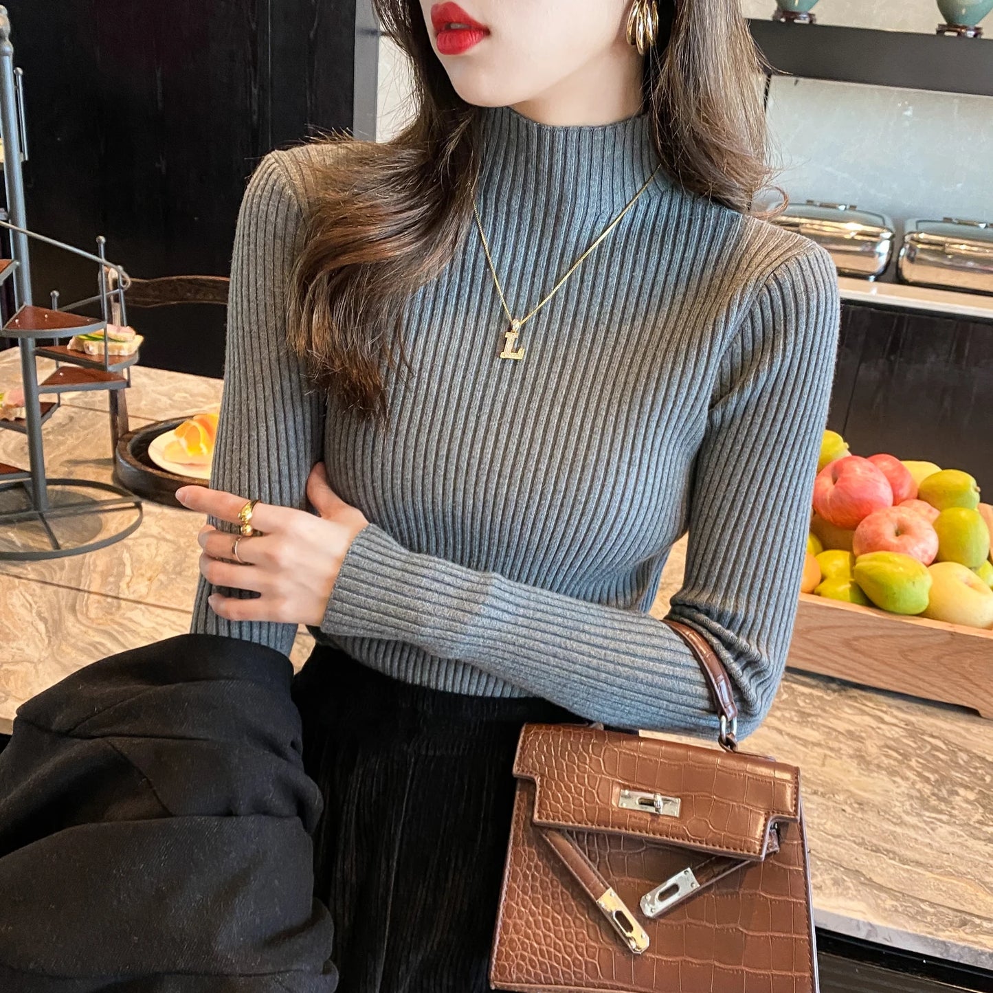 Winter Langarm Mock Neck Gestrickte Frauen Pullover Pullover Schlank Stricken Pullover Frauen Tops Blusas Mujer De Moda 2024 Blusa J995