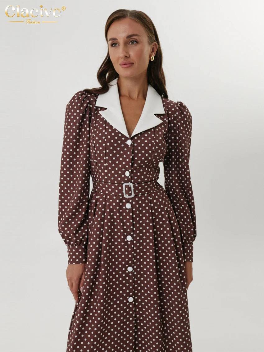 Clacive Mode Lose Druck Frauen Kleid 2025, Casual Revers Langarm Büro Dame Midi Kleider Elegante Klassische Gürtel Weibliche Kleid
