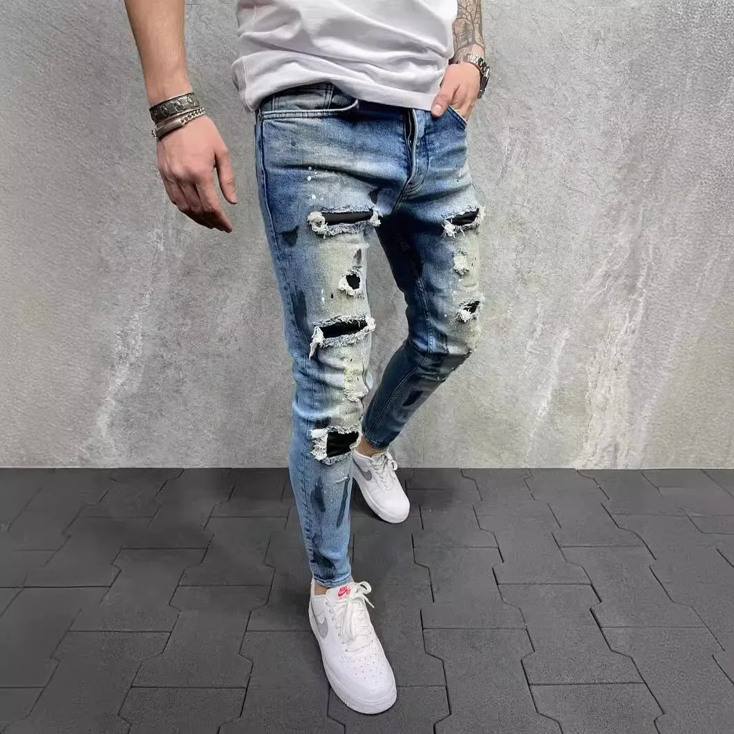 Slim-Fit-Jeans mit zerrissener Knöchelhose für Herren, bemalte Jeans