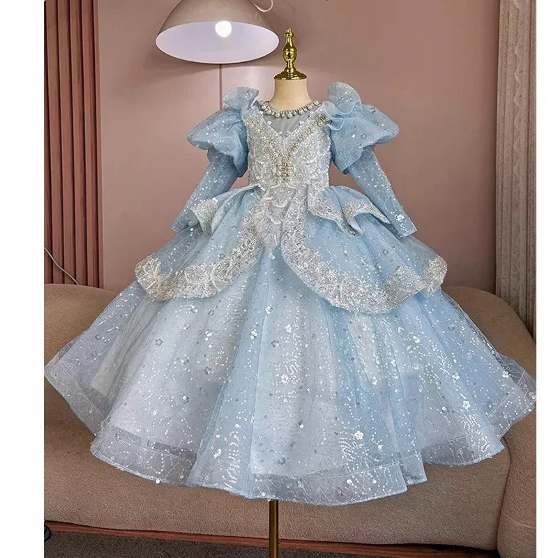 2025, Kinderkleid, Performance-Outfit, Mädchen, Blumen-Pailletten, geschwollenes Kleid, rote Partykleidung, Kinder, Mädchen, Geburtstag, Prinzessinnenkleider, glitzernd