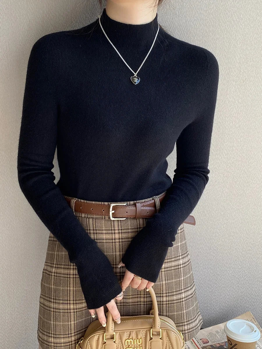 Herbst Winter Pullover Pullover Bodenbildung Shirt Frauen Gestrickte Shirts Weibliche Lange Hülse Mock Neck Elastische Dünne Pullover Stricken Tops