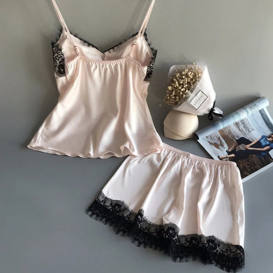 Sommer-Nachtwäsche für Damen, sexy Dessous, Spitze, Satin, Pyjama-Sets, Nachtwäsche, ärmellose Tops + Shorts, 2-teiliges Set, Pyjama-Sets.