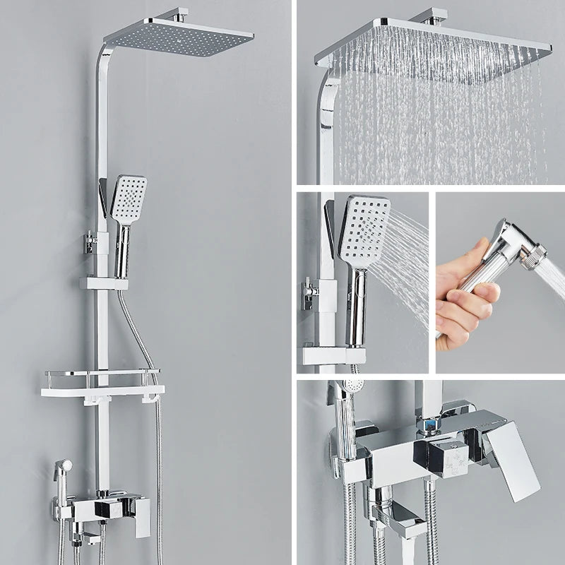 Black Chrome 3/4-way Shower Faucet Rainfall Shower Hot Cold Water Mixer Bidet Faucet Commodity Shelf For Bathroom Shower Mixer