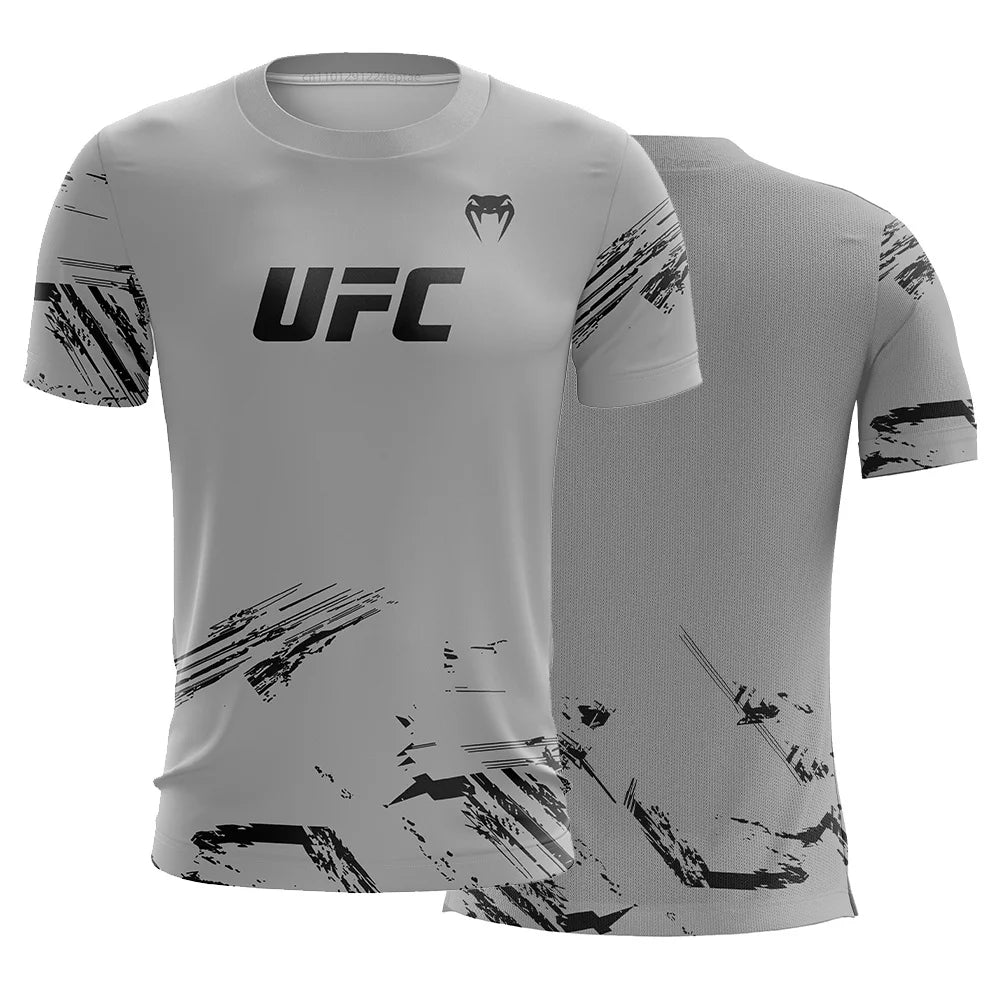 Men's UFC Fashion Short Sleeve Gym Running Round Neck T-Shirt MMA Training Exercise Gym Sport Tops Lightweight Player Jersey.