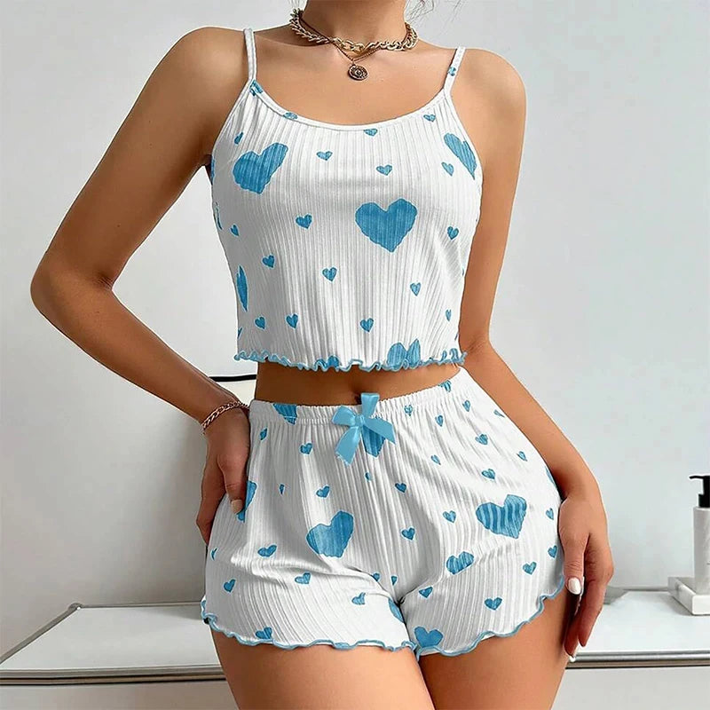 Sexy Herz Druck Pyjama Set Frauen Nachtwäsche Trendy Mode Lounge Tragen Nachtwäsche Zwei Stück Set Homewear Pyjamas