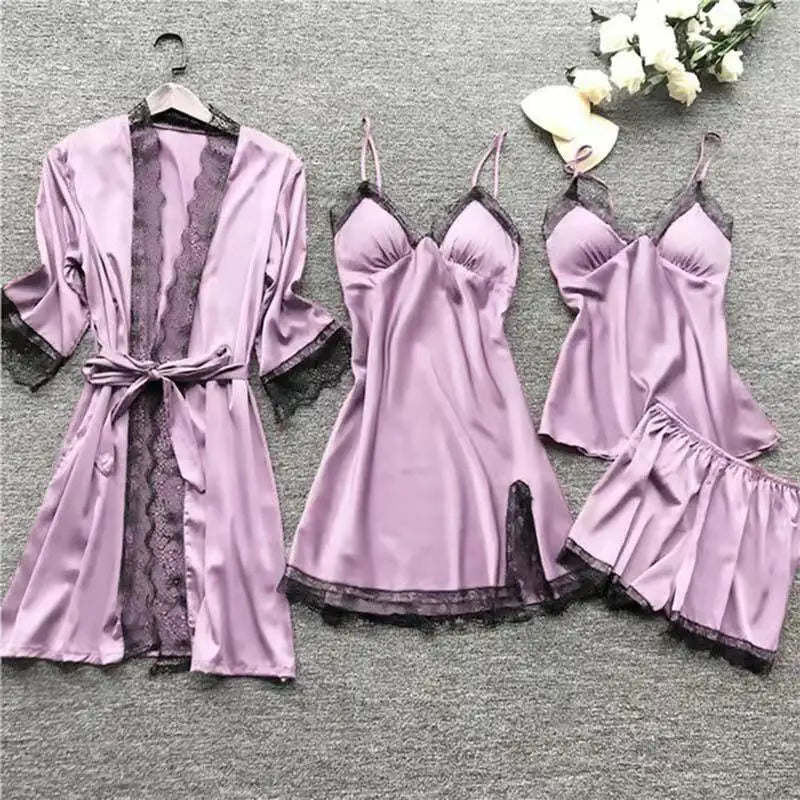 4PCS Nachtwäsche Pyjamas Set Seide Frauen Nachthemd Spitze Kleid Robe Schlaf Nachtwäsche Seide Einfarbig Pijama Sets
