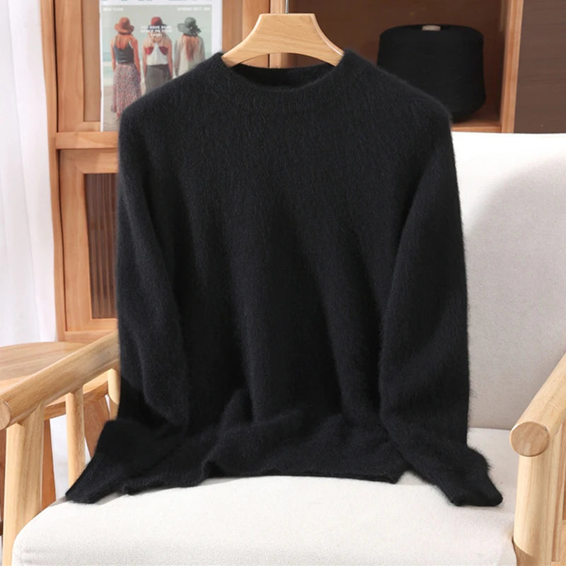 Women's Round-neck Mink Cashmere Sweater Soft Pullover Jumper Comfortable Knitted Top for Autumn Winter Pure Mink Material