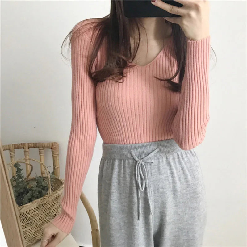 Koreanische Herbst V-ausschnitt Pullover Gestrickte Mode Pullover 2025, Schlank Winter Tops Für Frauen Pullover Jumper Pull Femme Truien Dames