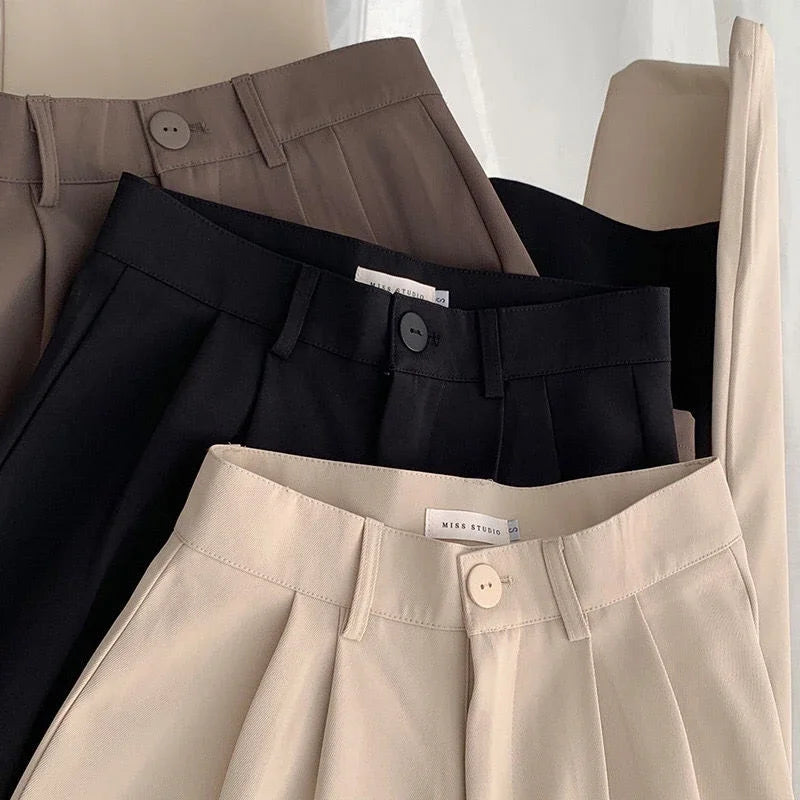 Hohe Taille Frauen Anzug Hosen fallen gerade Büro Damen koreanische Mode Hosen lässig Knopf lose weibliche schwarze Hosen neue 2024