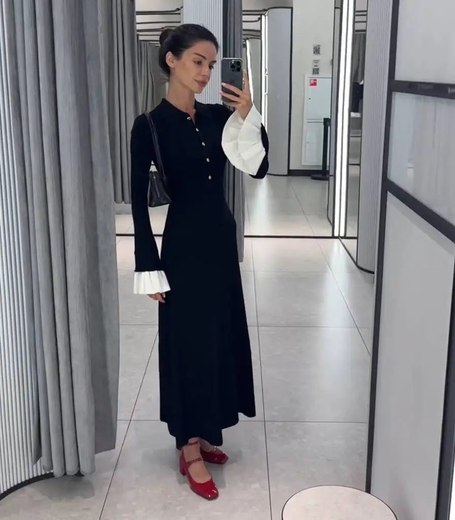 Tossy Weibliche Rüschen Strickwaren Langes Kleid Mode Patchwork Schlank Kontrast Revers Casual Party Kleid Kleid frauen Stricken Maxi Kleid