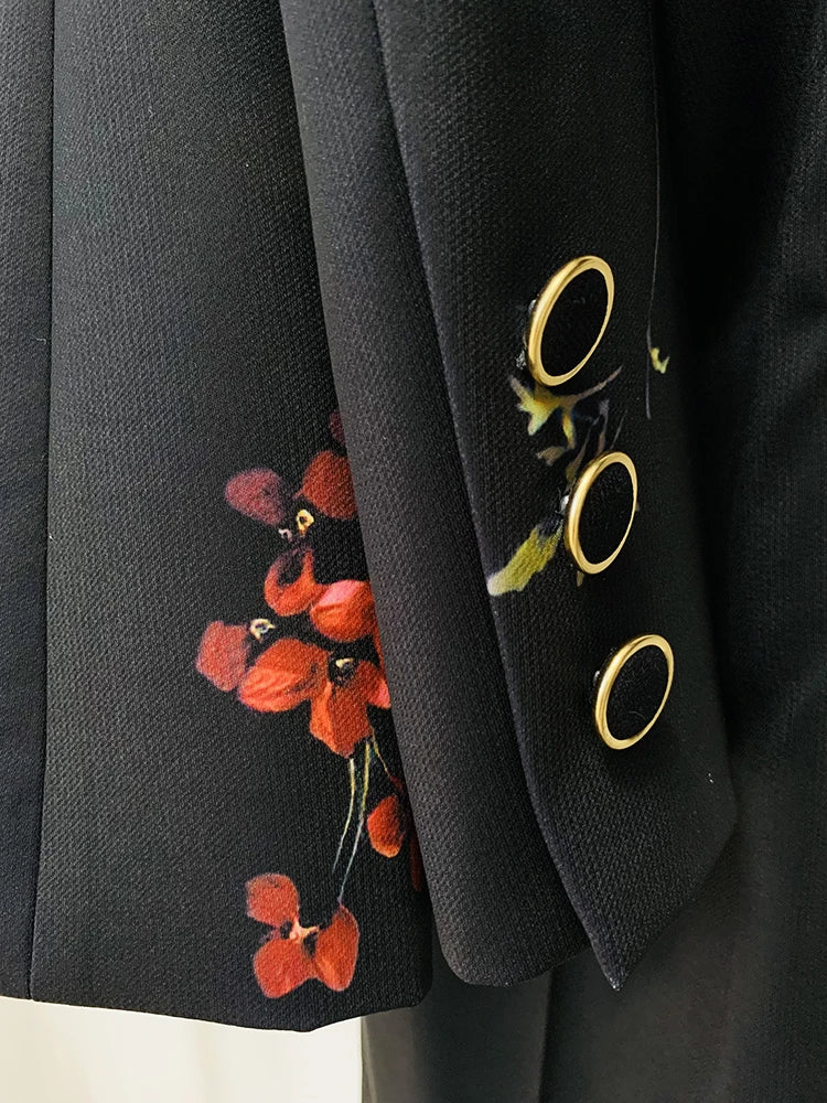 HIGH STREET Newest 2025 Designer Runway Suit Set Women's Single Button Floral Printed Blazer Flare Pants Suit 2pcs.