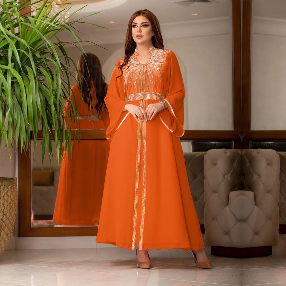 Uni Arabische Robe Mode Nahen Osten Muslimischen Kaftan Dubai Hot Fix Diamant Party Abendkleider für Frauen Kerb Stehkragen