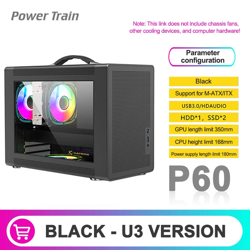 Power Train P60 Desktop MATX Case Handheld Portable Mesh Version PC Small Chassis Supports 350mm Graphics Card Type-C Interface